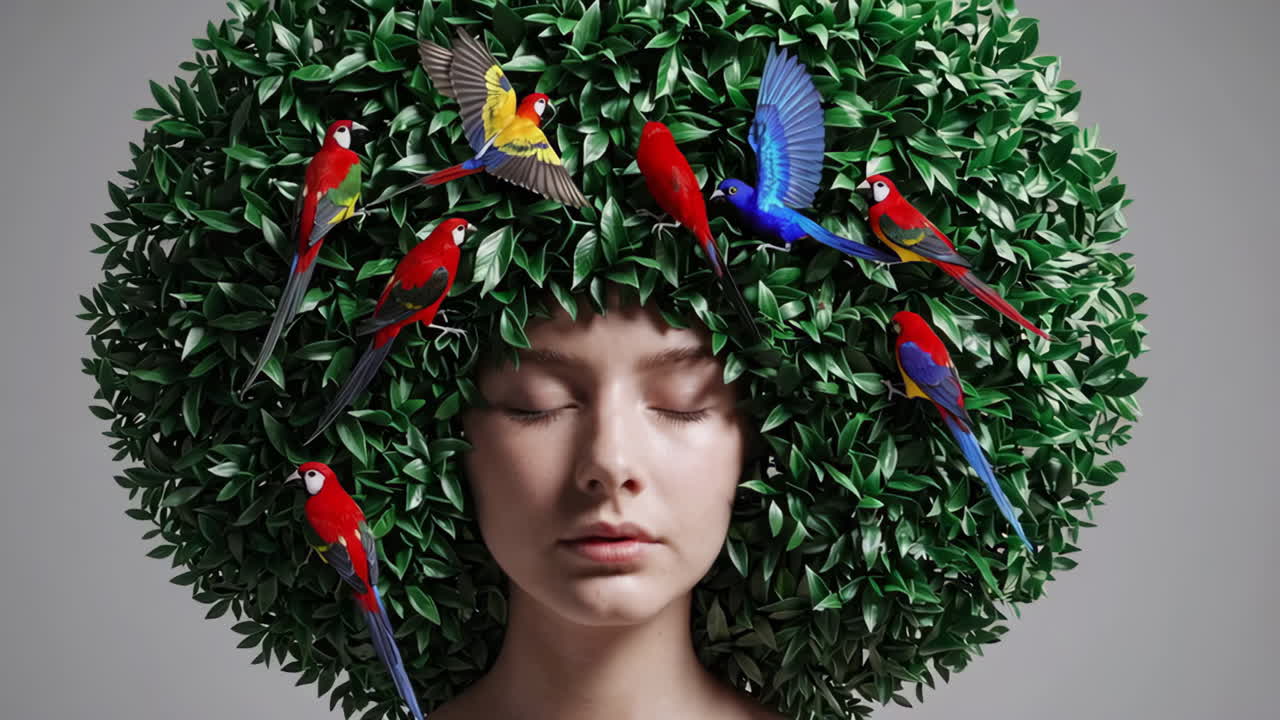 Woman with Leaf Hair and Colorful Birds