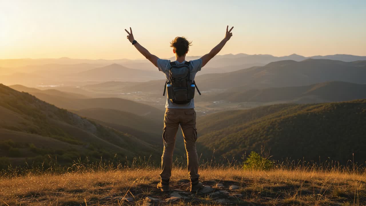 A Person Enjoying a Stunning Mountain View at Sunset, Celebrating Nature with Peace Signs, Capturing the Essence of Adventure and Freedom Amidst Breathtaking Landscapes