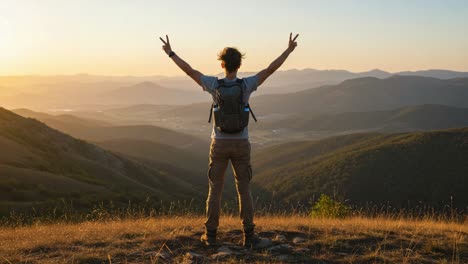 a person enjoying a stunning mountain view at sunset, celebrating nature with peace signs, capturing the essence of adventure and freedom amidst breathtaking landscapes