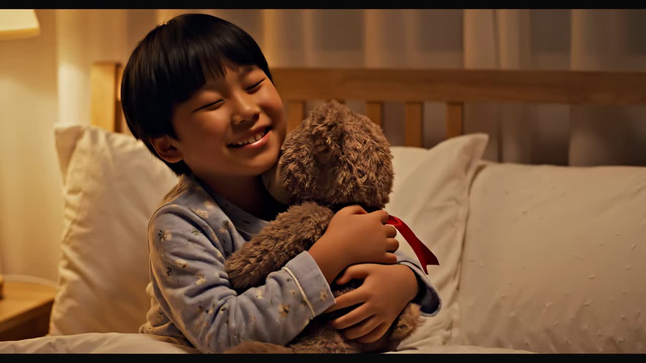 Boy with Teddy Bear in Bed