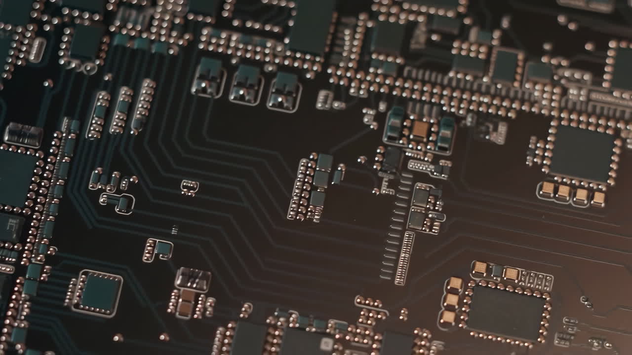 Close-up of a dark electronic circuit board with various components
