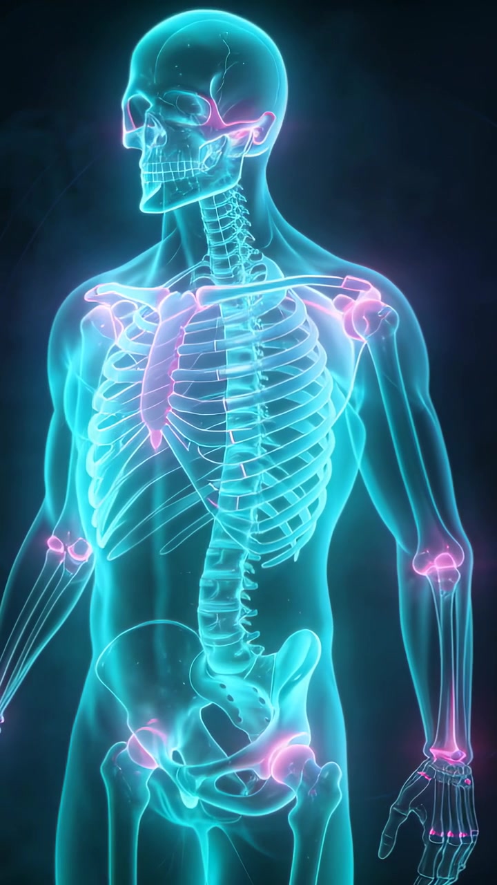 Vertical video: Lifting head, skeleton rotating in studio, showing cyan bones and pink joints