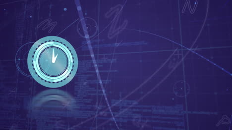 animation of neon ticking clock, floating alphabets, network of connections and data processing
