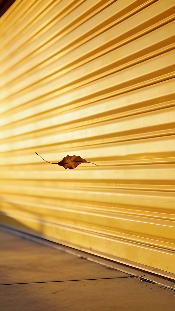 Vertical video: Light breeze sending dry brown leaf across yellow shutter above curb