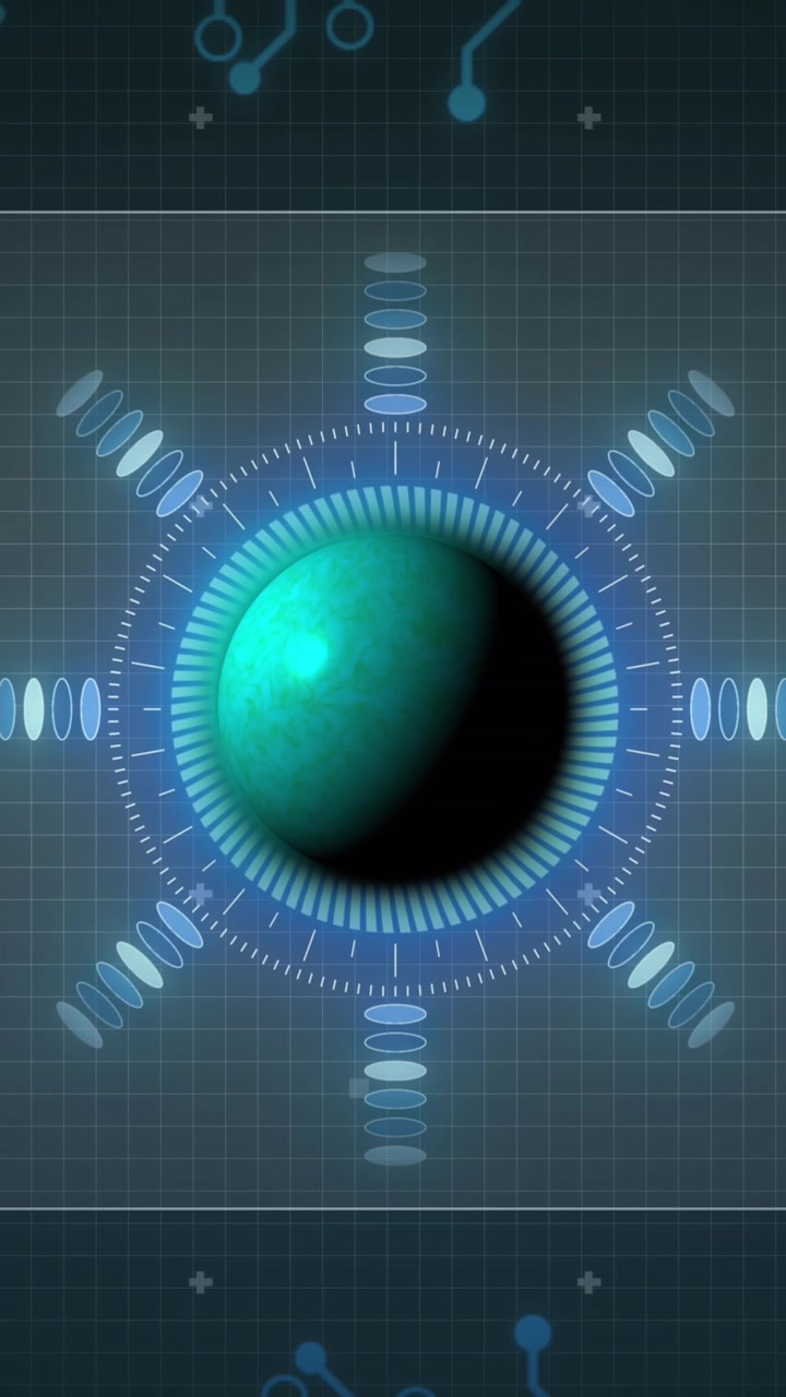 Animation of globe, circuit board, data processing over grid