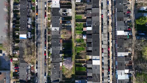 aerial top down over dense housing area with townhouses in small american city