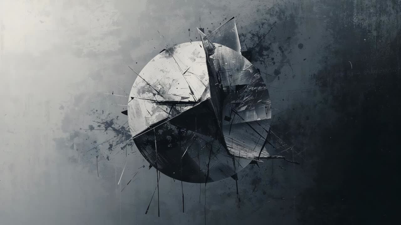 Pulsing worn metallic sphere peeling curved panel open at gray backdrop, revealing internal plates