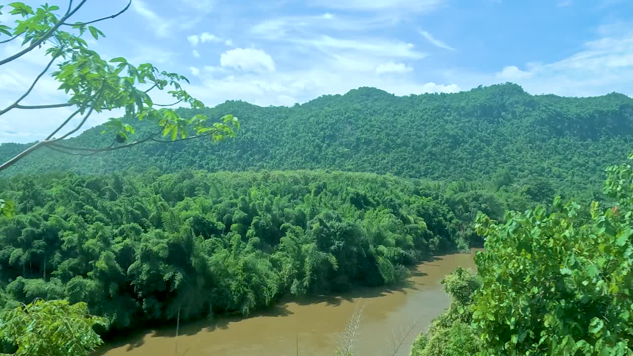 울창한 초록색과 태국의 풍경에 있는 강