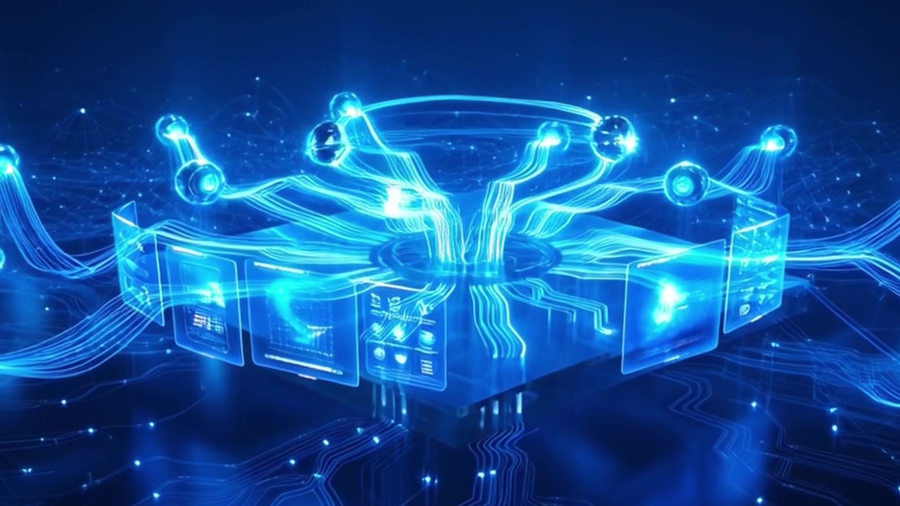 Digital Processor Chip Processing Data with Glowing Network Connections