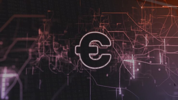 Animazione di simbolo dell'euro e elaborazione dati su connessioni