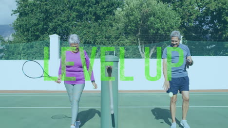 senior couple practicing tennis with rackets outdoor health scene, featuring floating level up text