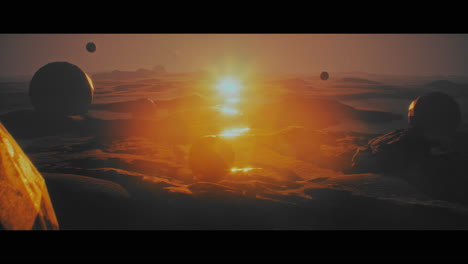alien planet desert landscape during sunset with strange sphere-shaped buildings