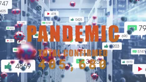 animación de células de covid 19 y procesamiento de datos con iconos de redes sociales a través de servidores informáticos