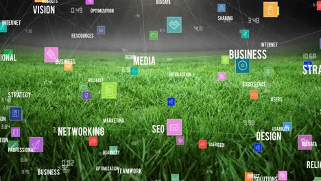 Animation-of-network-of-connections-and-text-over-empty-stands-in-sports-stadium