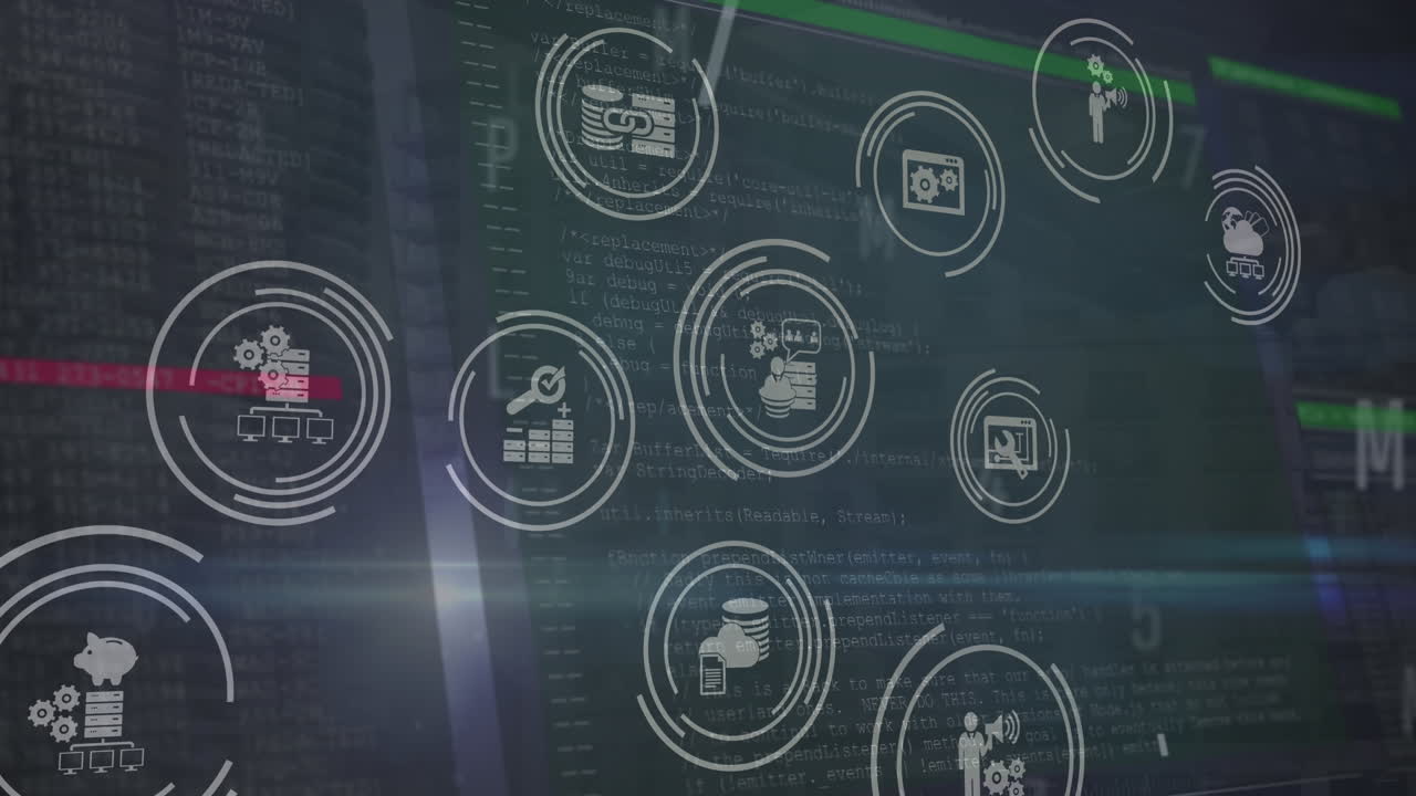 animación de iconos digitales, procesamiento de datos, cambio de números y alfabetos contra edificios altos