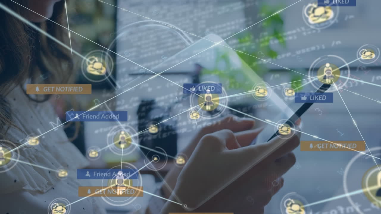 animación de la red de conexiones sobre la mujer usando teléfono inteligente