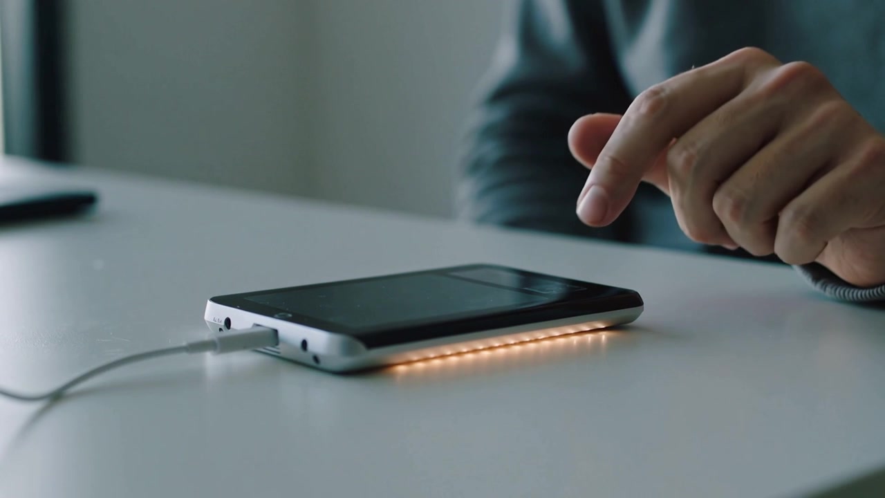 Un uomo in maglia a maniche lunghe grigia tocca lo smartphone su un tavolo bianco, con LED arancione e cavo visibili.