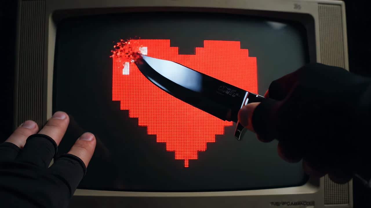 Pixelated Heart Pierced by Knife on CRT Monitor