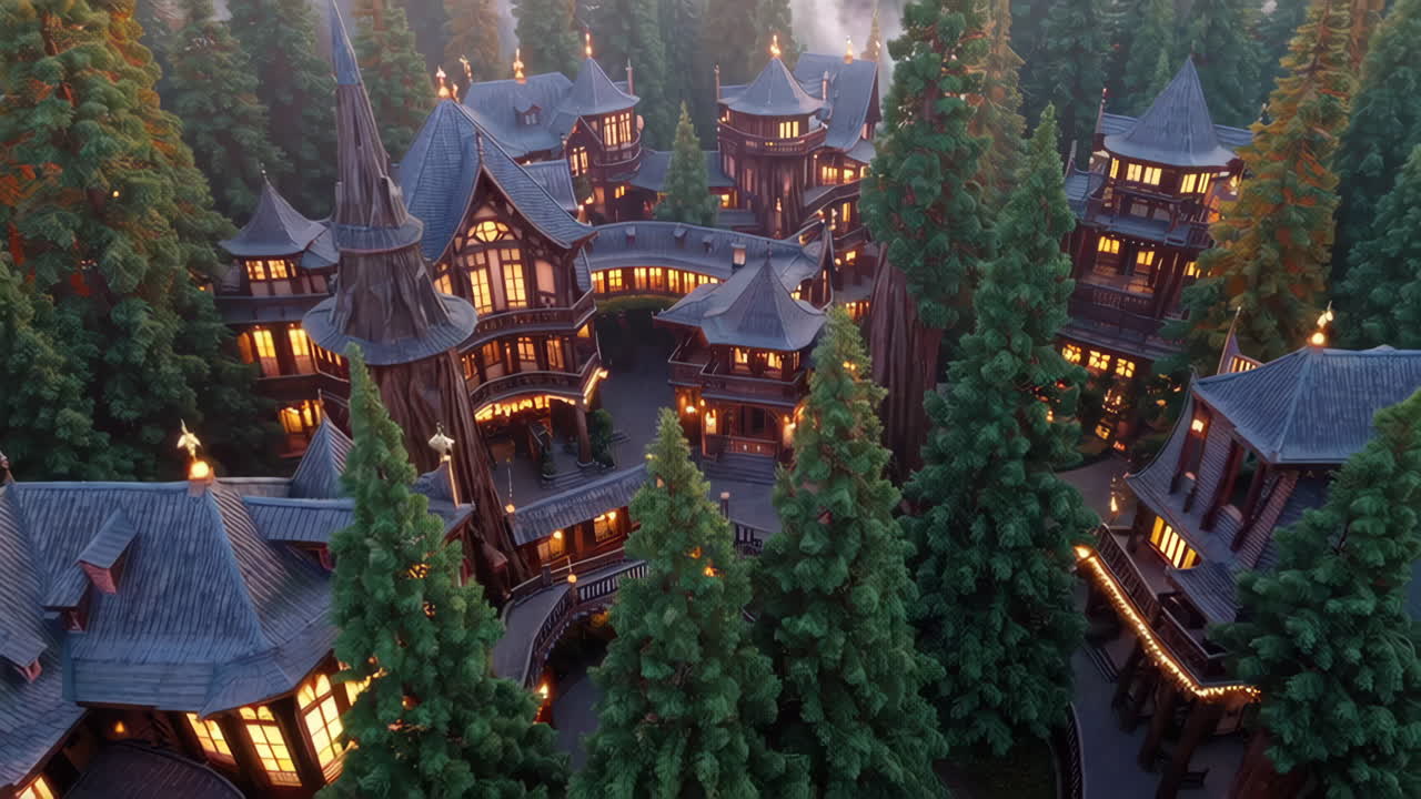 Enchanted Forest Village Illuminated at Dusk