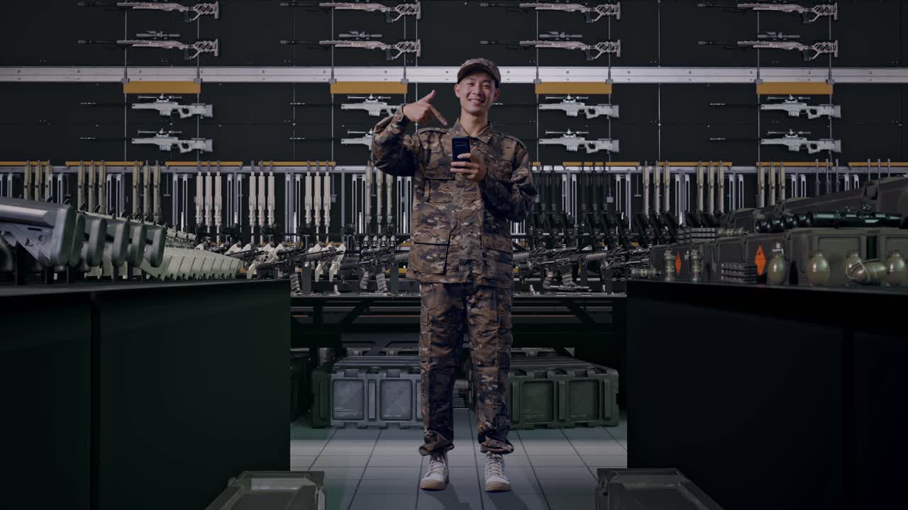 uomo asiatico soldato a figura intera sorridente che indica uno smartphone nella sua mano in un arsenale militare