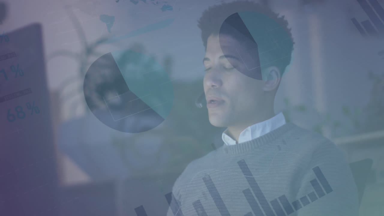 사무실에서 일하는 두 인종의 사업가에 대한 데이터 처리 애니메이션