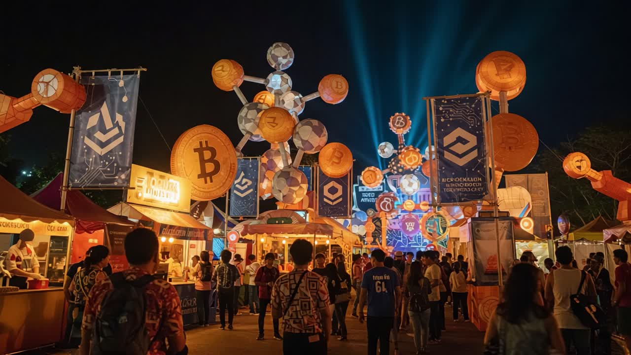 A Vibrant Night Market Celebrating Cryptocurrency Culture with Illuminated Symbolic Decorations and Engaging Atmosphere, Drawing Visitors into a Lively Scene of Excitement