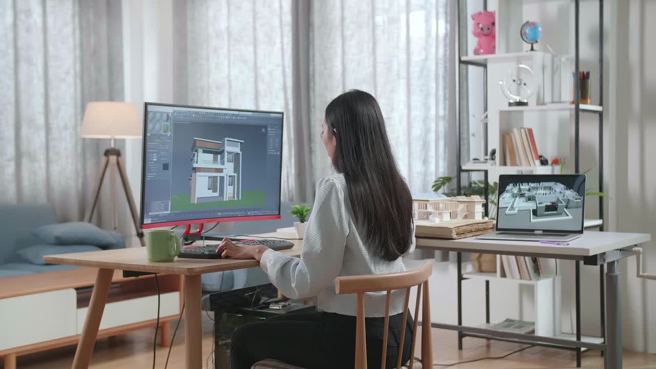 아시아 여성 엔지니어가 집에서 데스크에서 작업하는 동안 3d 하우스를 회전합니다.
