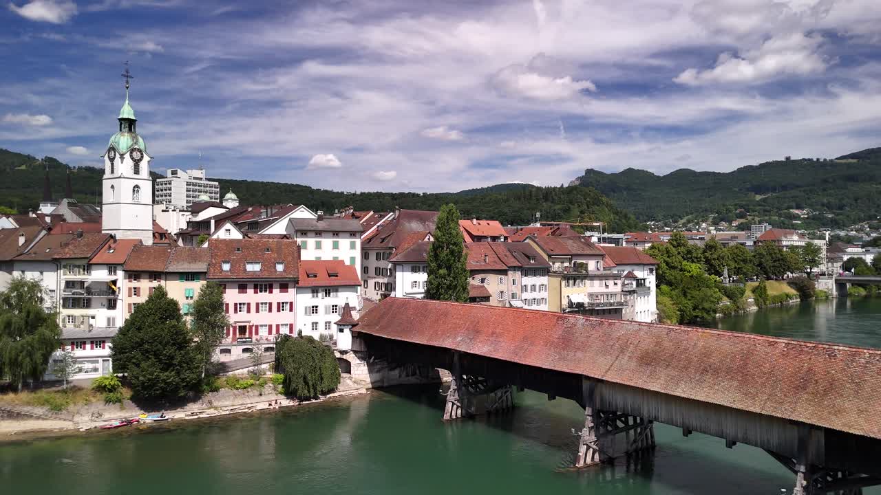 Old Wooden Bridge in Olten, Switzerland infrastructure over Aare river, aerial drone