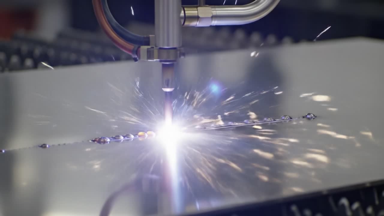 Precision Metal Welding Process Captured: A Close-Up View of a High-Temperature Arc Welding Torch Creating Sparks and Seamless Joints on Steel Sheet Material
