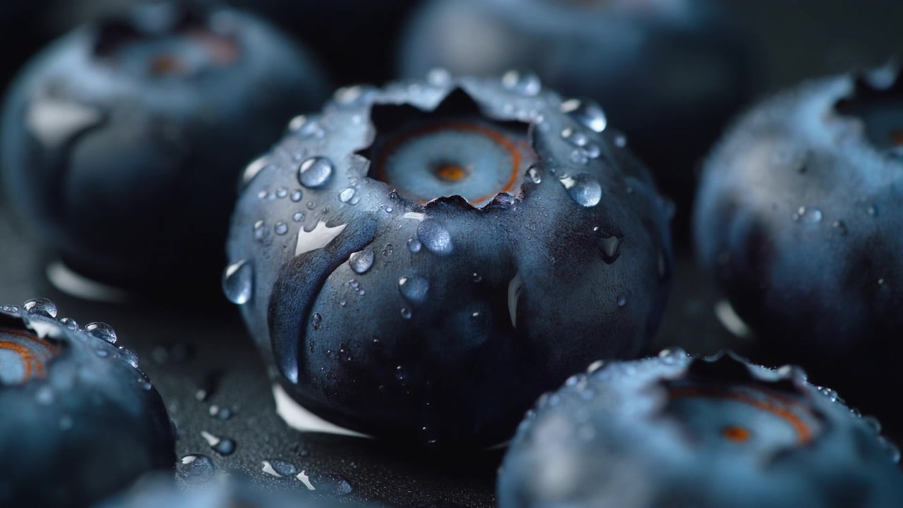 Mirtilli freschi con goccioline d'acqua in primo piano
