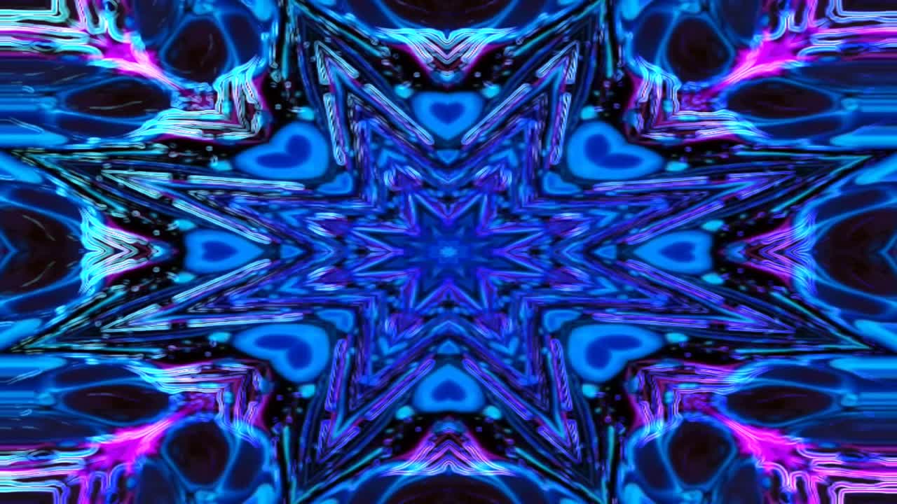 Sfondo animato con motivo frattale neon blu e caleidoscopio colorato.