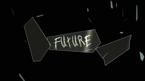 text: future - glass shards fly towards us after an explosion - motion design - including: textless-version and tracking matte - 4k