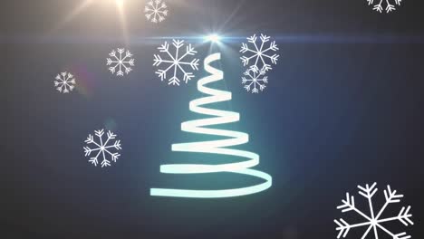 Animation-of-christmas-tree-formed-with-blue-ribbon-and-snow-falling