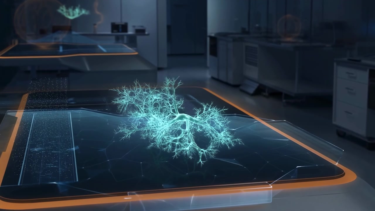 Dim blue laboratory interior with a bright digital tree structure hovering above a glowing interactive table, surrounded by sleek equipment, glass surfaces