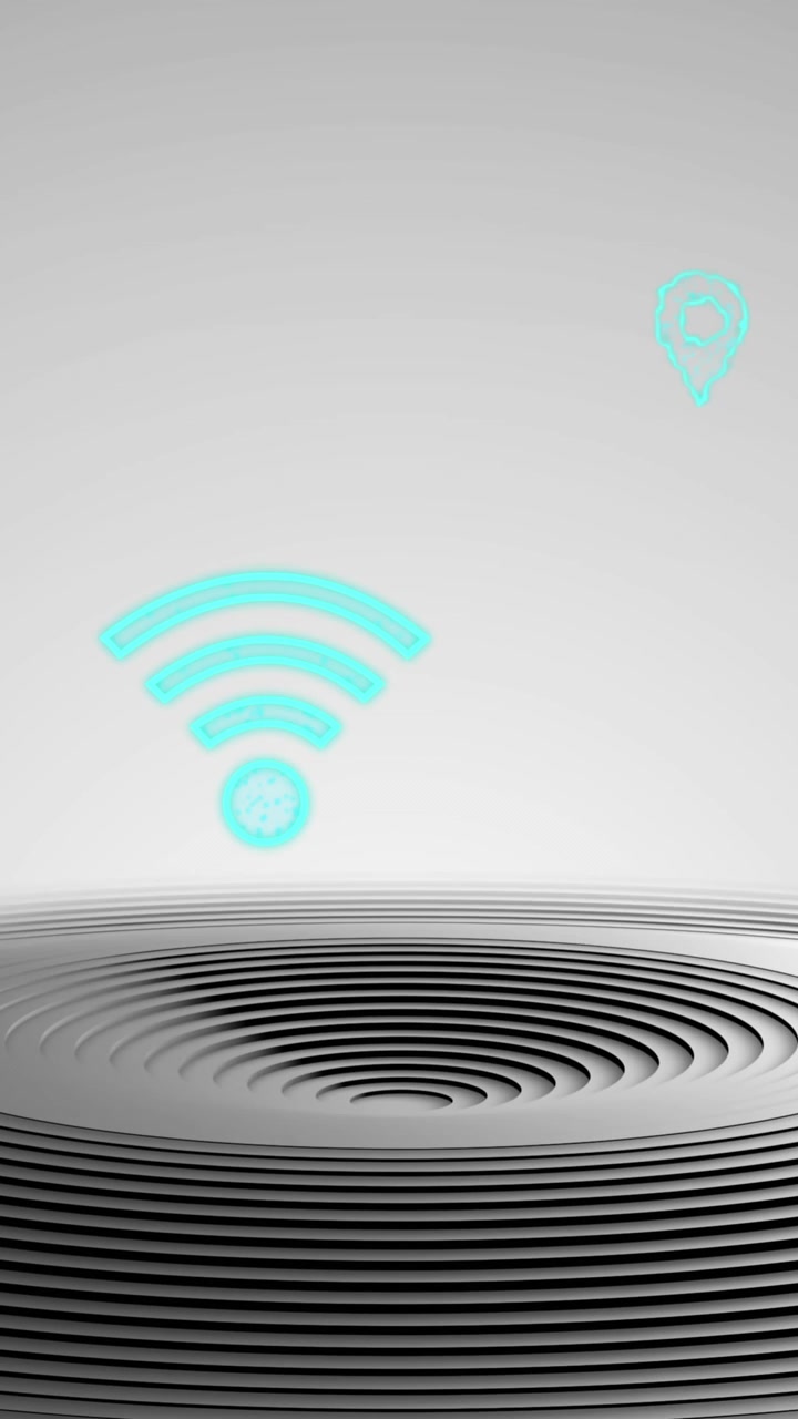 Animazione di icone di comunicazione cloud, Wi-Fi su anelli concentrici neri e grigi su sfondo grigio.