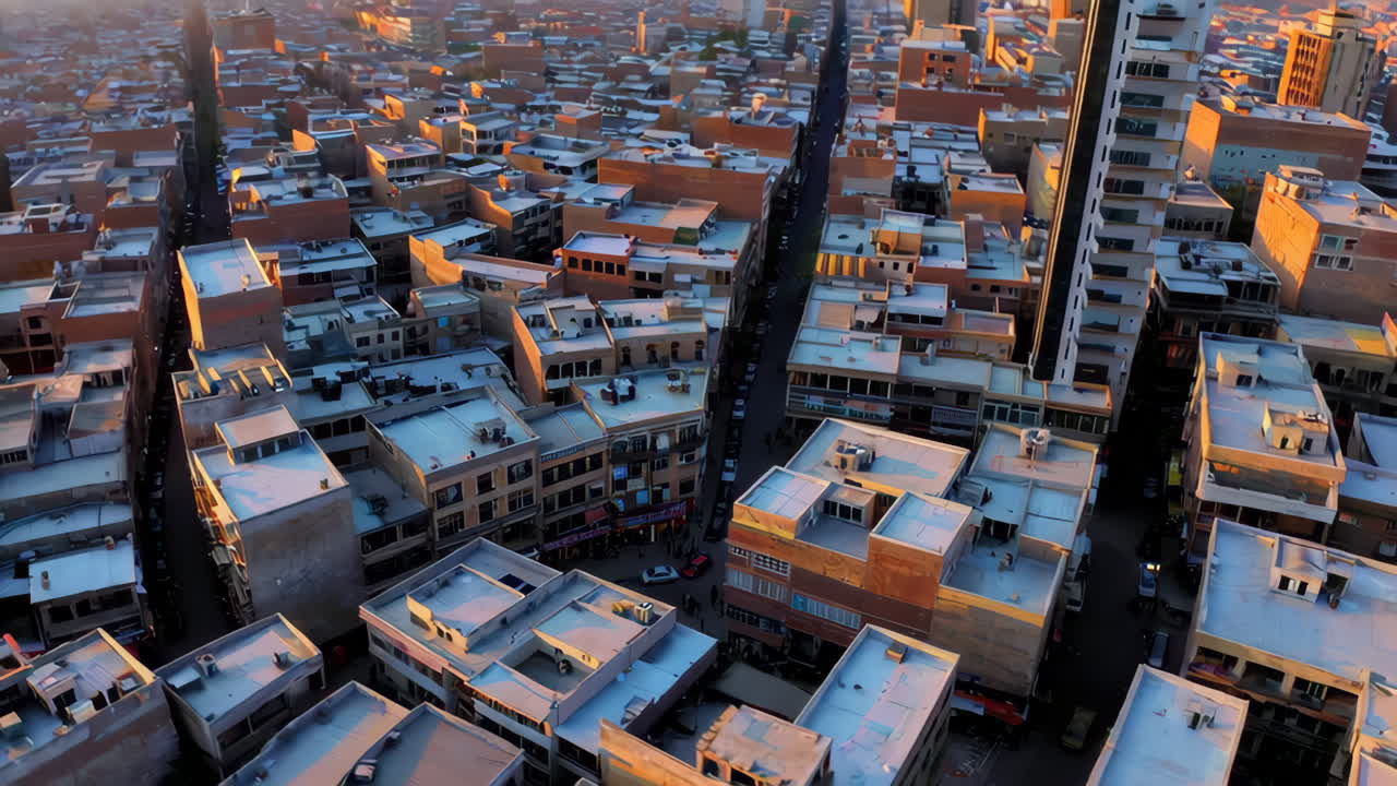 vista aérea de una ciudad al amanecer o al atardecer