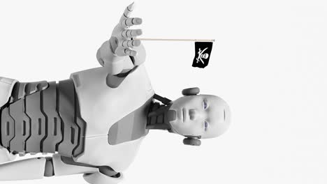 Roboter-Mit-Einer-Piratenflagge-In-Der-Hand-Auf-Weißem-Hintergrund,-3D-Rendering