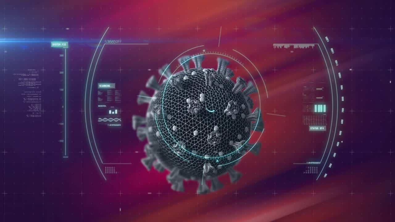 animación de escaneo de alcance circular verde célula de covid 19 y procesamiento de datos, en rojo oscuro