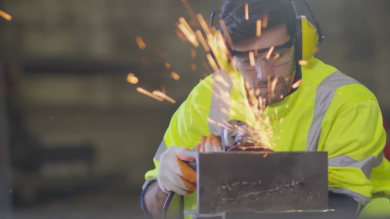 Caucasian male worker in a safty uniform wear welders leathers,Electric wheel grinding on steel structure in factor in the garage, orange bokeh sparks fly to the sides