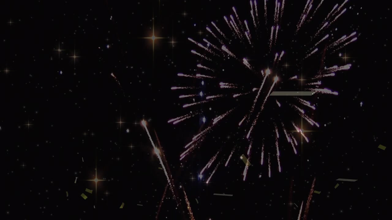 Animation of gold confetti falling over fireworks exploding, on black