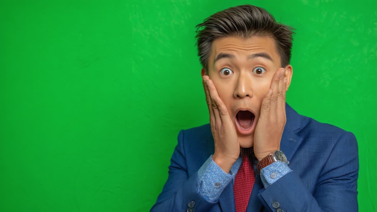 Joven asombrado en traje expresa sorpresa con las manos en la cara contra un vibrante fondo verde, capturando un momento de genuino shock y emoción