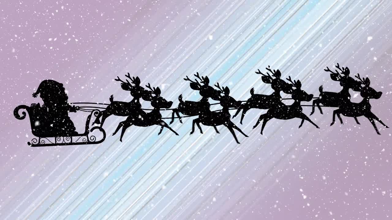nieve cayendo sobre santa claus en trineo siendo tirado por renos contra senderos de luz púrpura