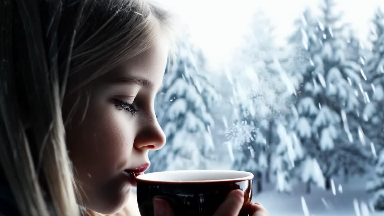 눈이 내린 겨울 날 창문 에서 뜨거운 초콜릿을 즐기는 어린 소녀