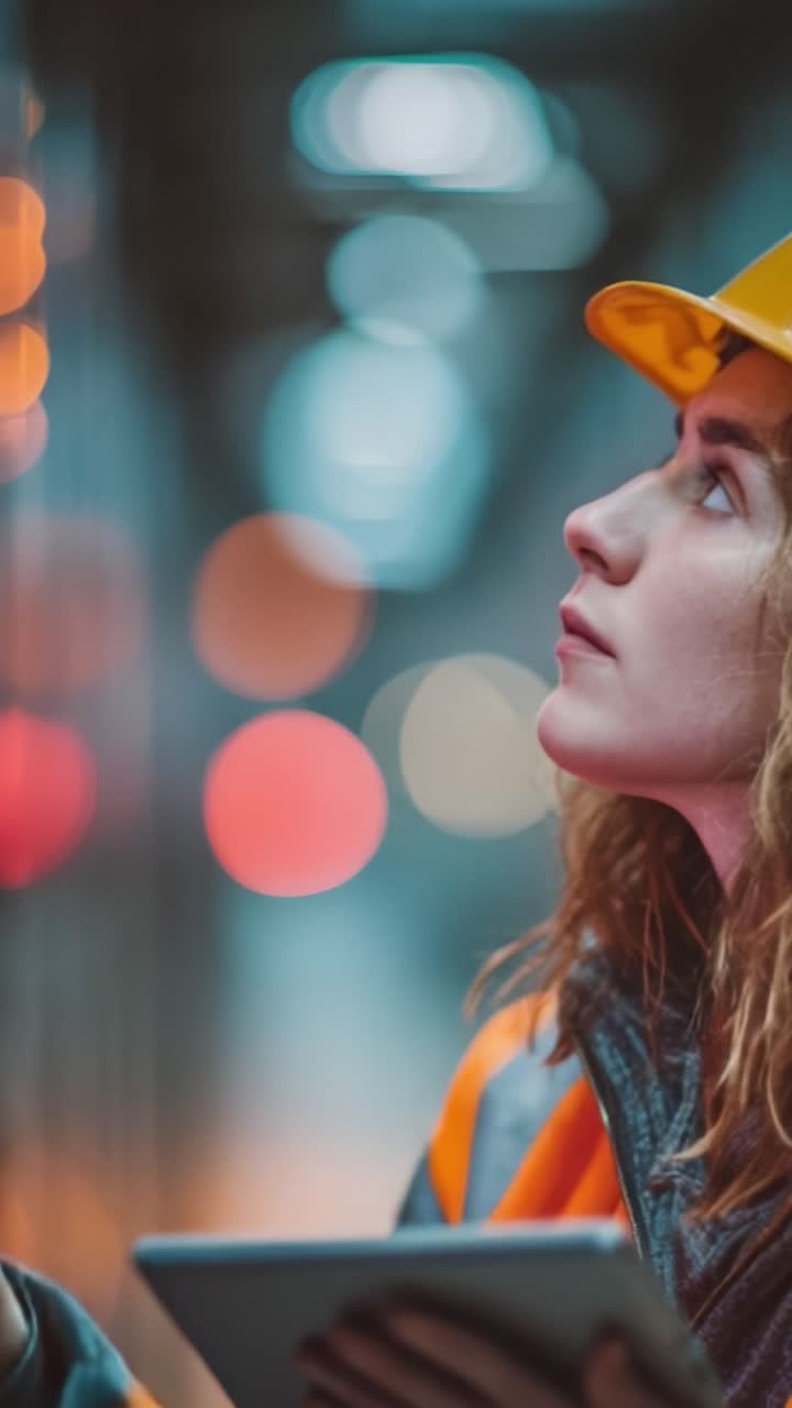 Focused Worker in Safety Gear Analyzes Data on a Tablet While Standing Under Bright LED Lights, Showcasing Dedication to Duty in a Dynamic Environment