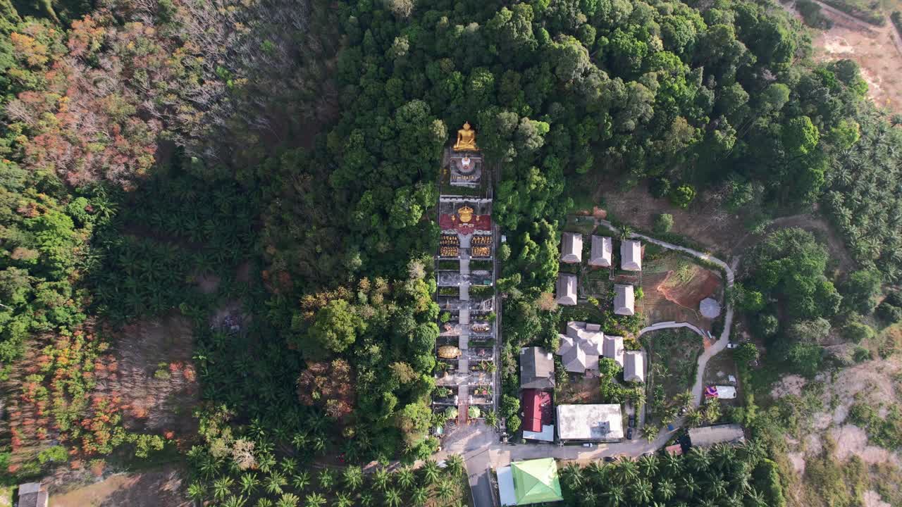 drone aéreo de un templo único con un buda dorado en una montaña rodeada de cocoteros en ao nang krabi tailandia