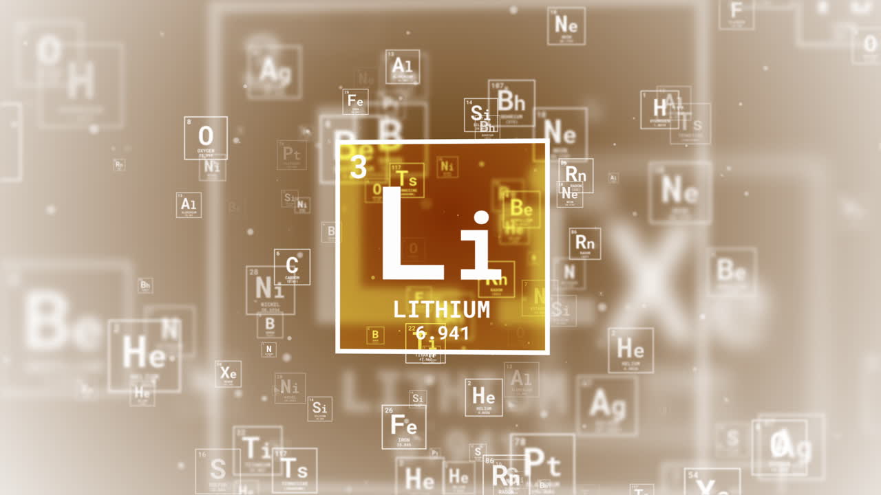 An animated icon of the chemical element lithium in yellow color on a light background with flying periodic table element icons. Looped motion graphics.