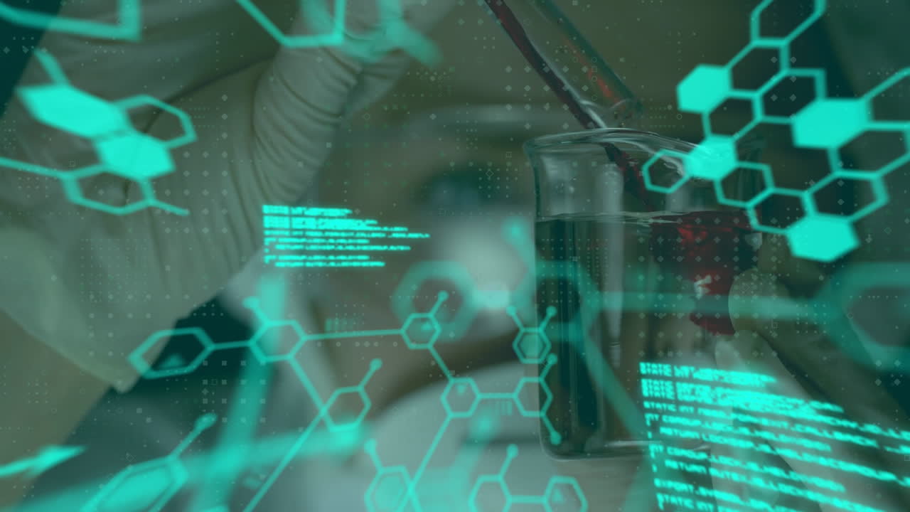실험실의 과학자에 대한 데이터 처리 및 화학 공식의 애니메이션