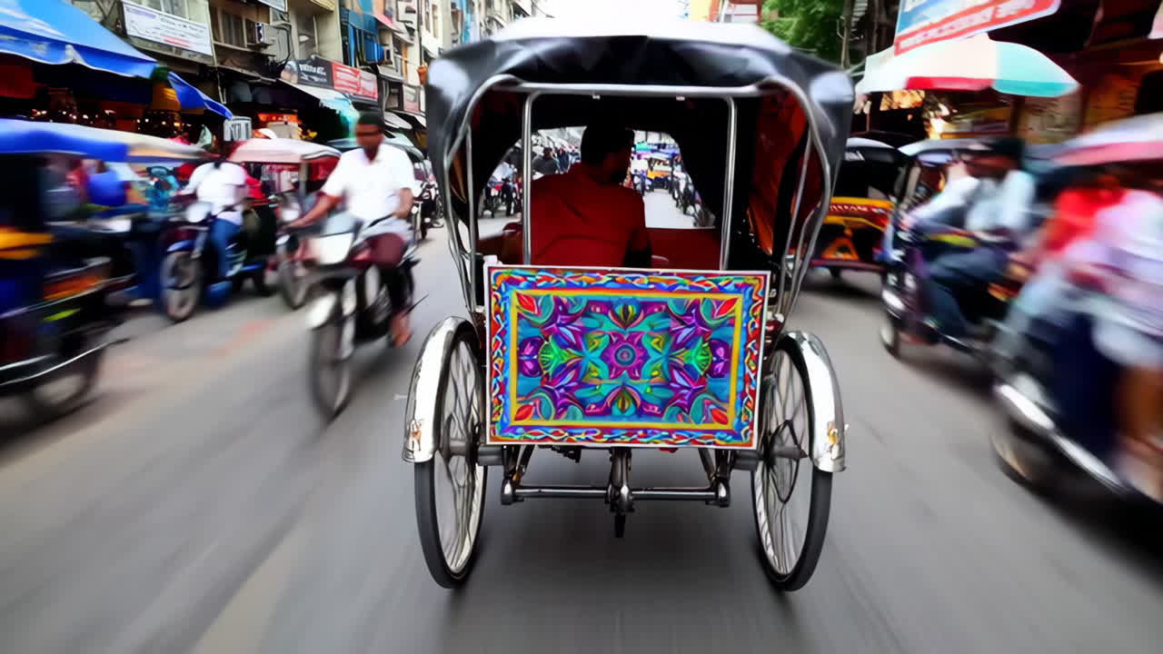 Busy City Street in Asia with Rickshaws