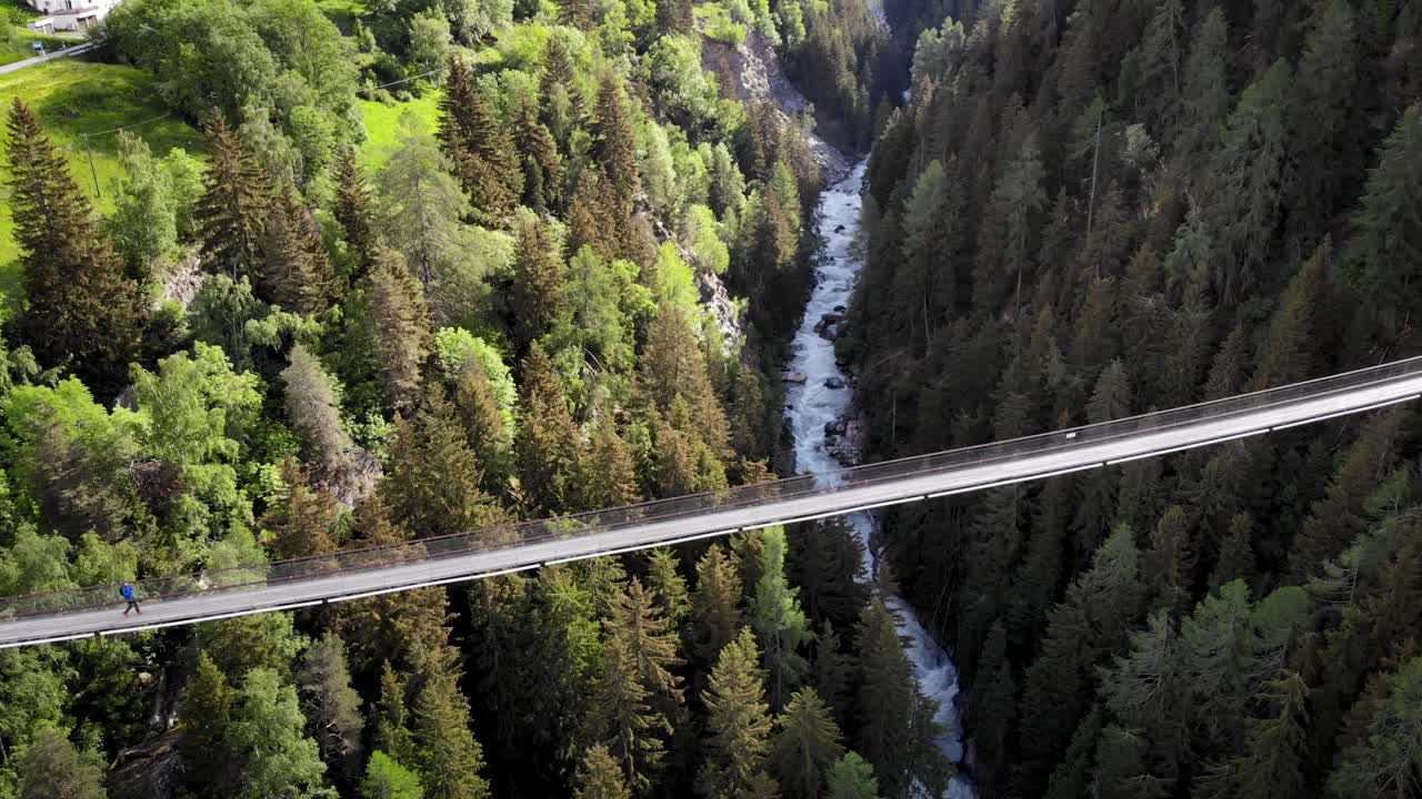 vista aérea junto al puente colgante de goms con un excursionista caminando por encima del valle del río ródano en valais, suiza por encima del río y los árboles