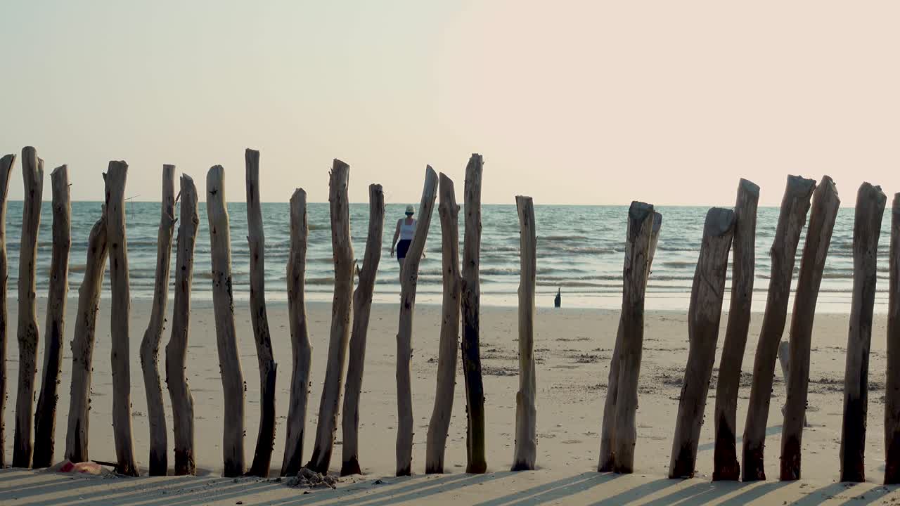 Serangkaian tiang kayu lapuk yang dipasang di pantai berpasir di Kamboja, Asia Tenggara.